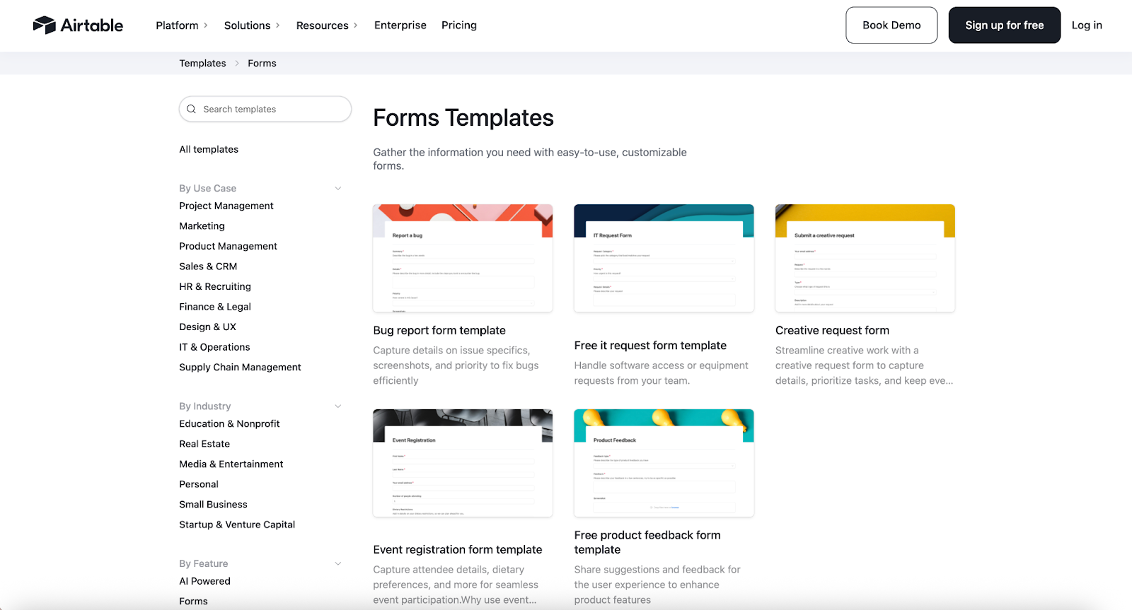 Screenshot of Airtable Forms Form Templates Page