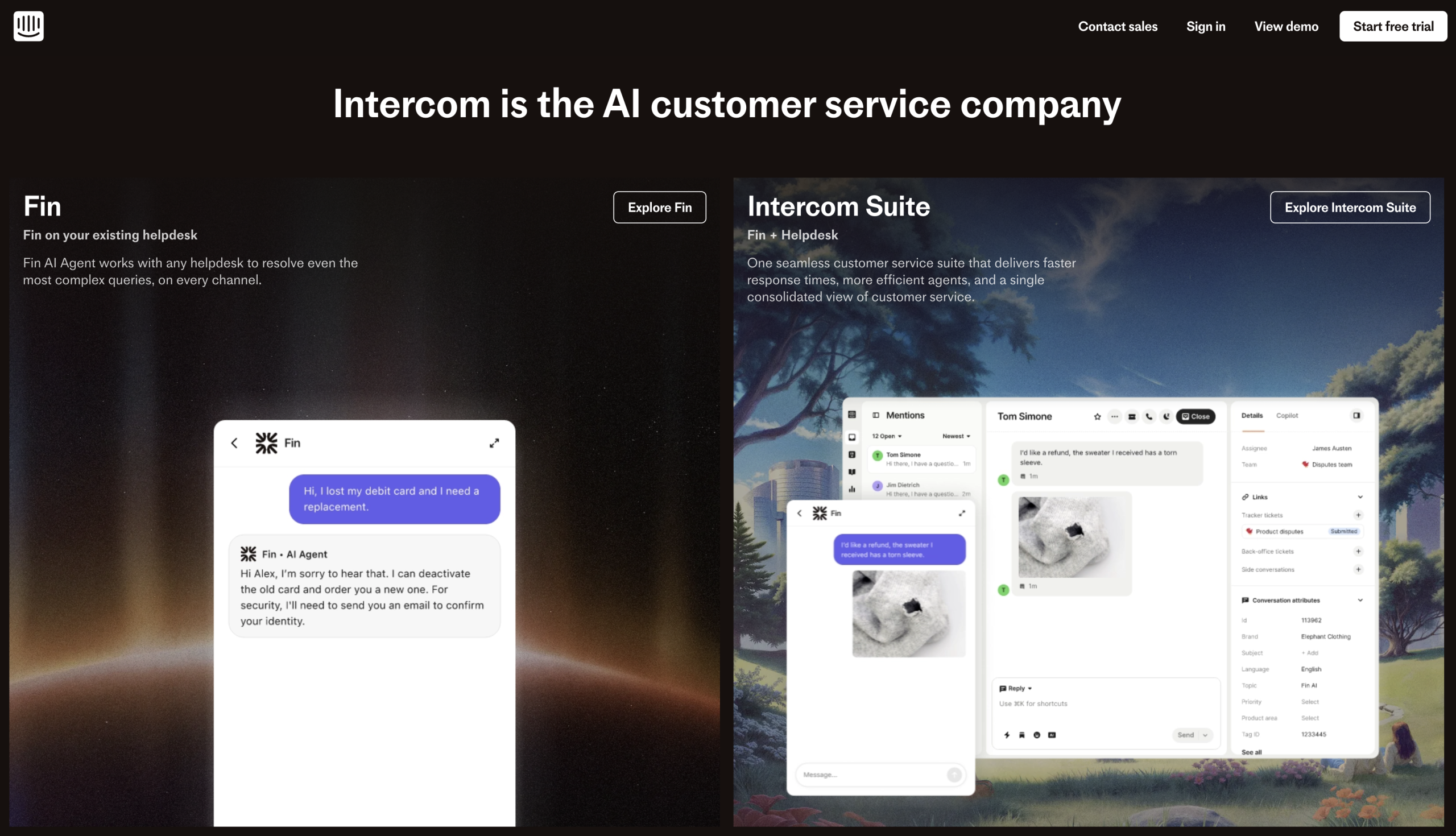 Screenshot of Intercom's landing page, showing a headline "Intercom is the AI customer service company"