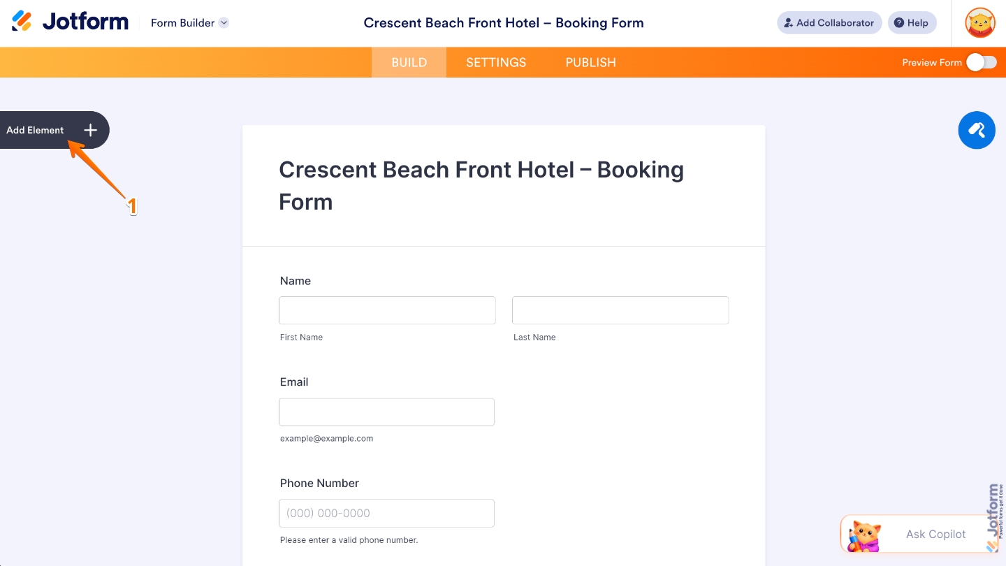 Form Builder interface showing the Add Element button on the left panel