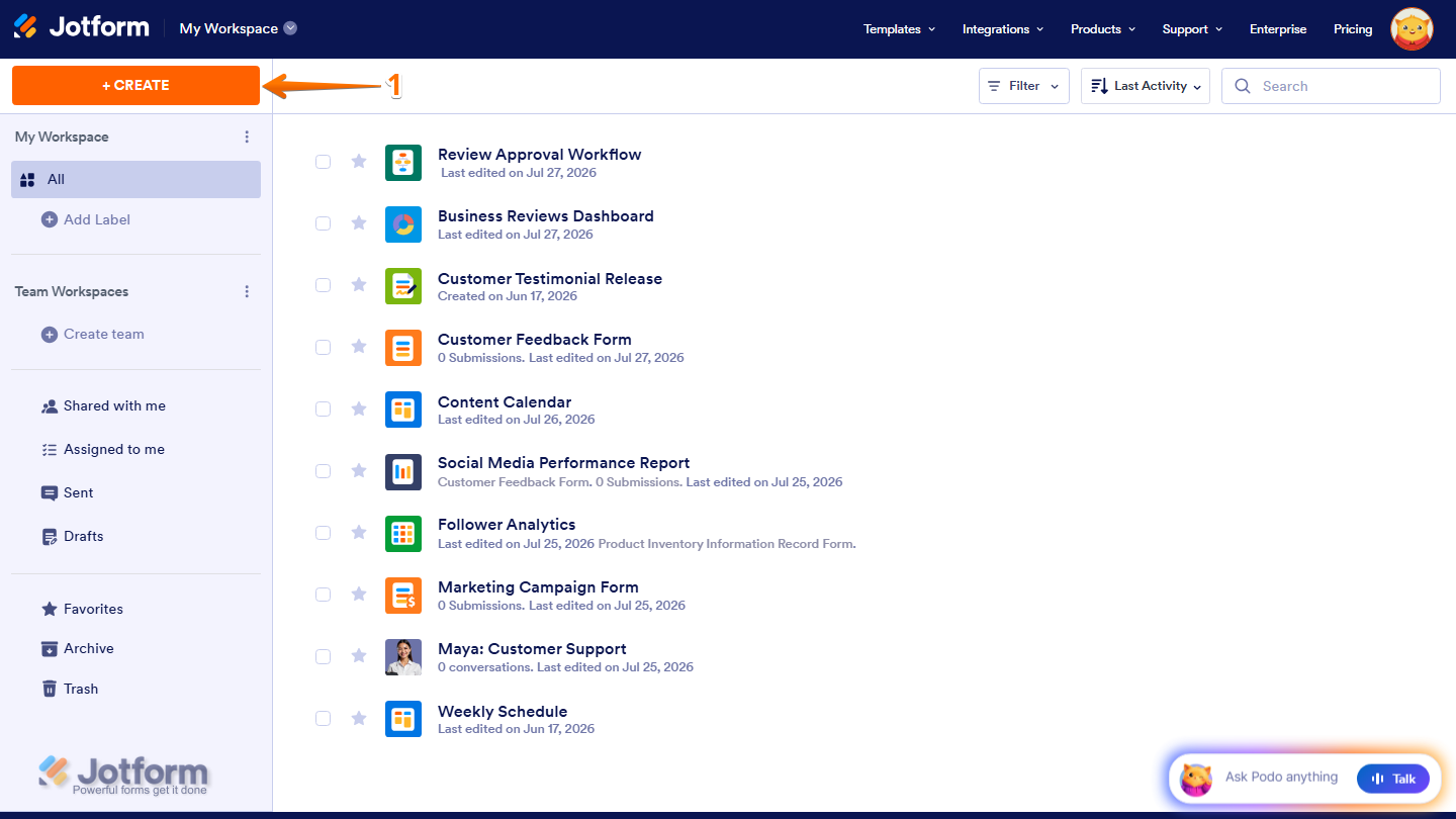 Jotform Workspace with the Create button highlighted in the top-left corner, used to create a new website widget