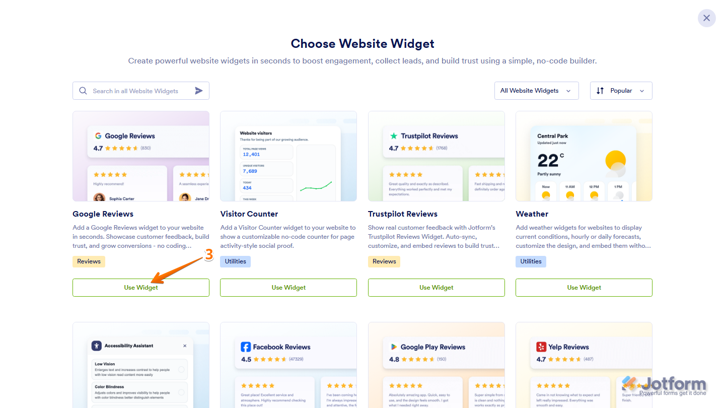 Jotform Choose Website Widget menu displaying the Google Reviews widget with the Use Widget button for adding it to a website