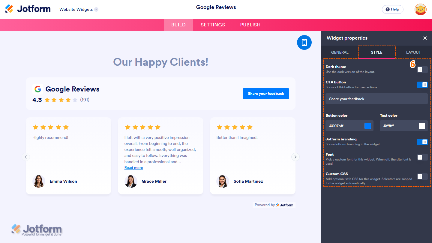 Jotform Website Widget Builder displaying the Widget Properties panel under the Style tab with Dark Theme, CTA Button, Button Label, Button Color, Text Color, Jotform Branding, Font, and Custom CSS settings for customizing the Google Reviews widget