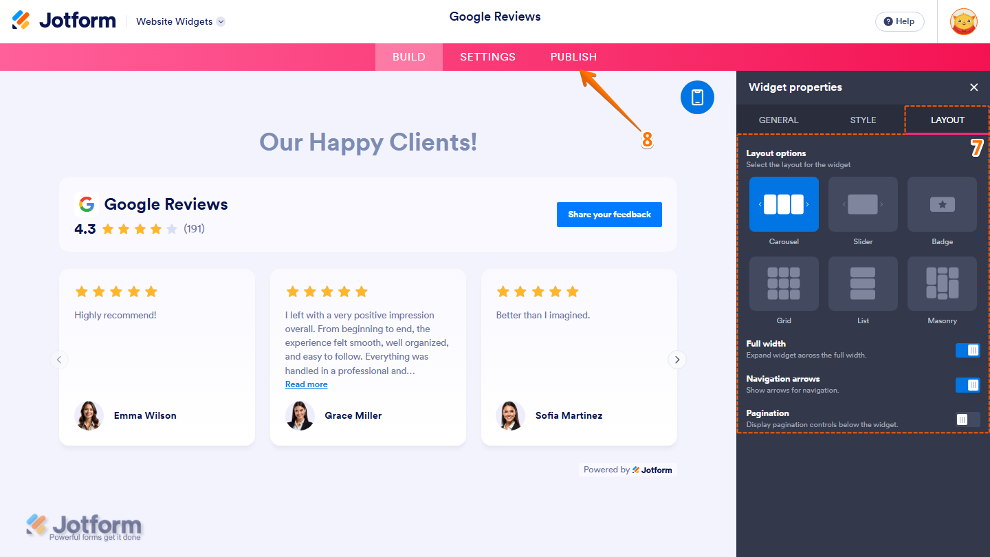 Jotform Website Widget Builder displaying the Widget Properties panel under the Layout tab with Layout Options, Full Width, Navigation Arrows, and Pagination settings for the Google Reviews widget, and the Publish button visible in the pink navigation bar