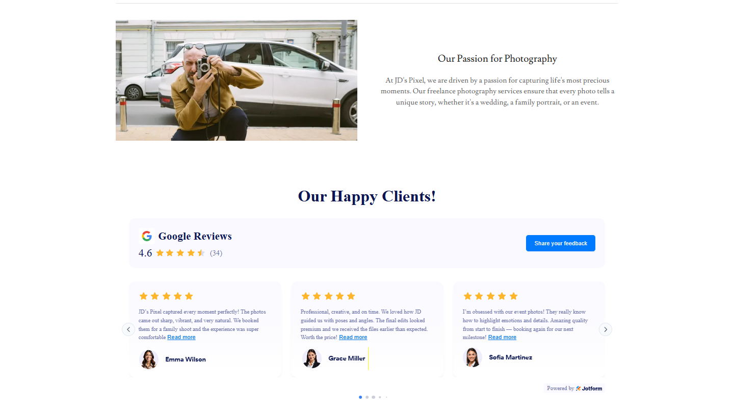 Embedded Google Reviews widget displayed on a website, showing customer reviews, star ratings, reviewer details, and the configured layout and styling
