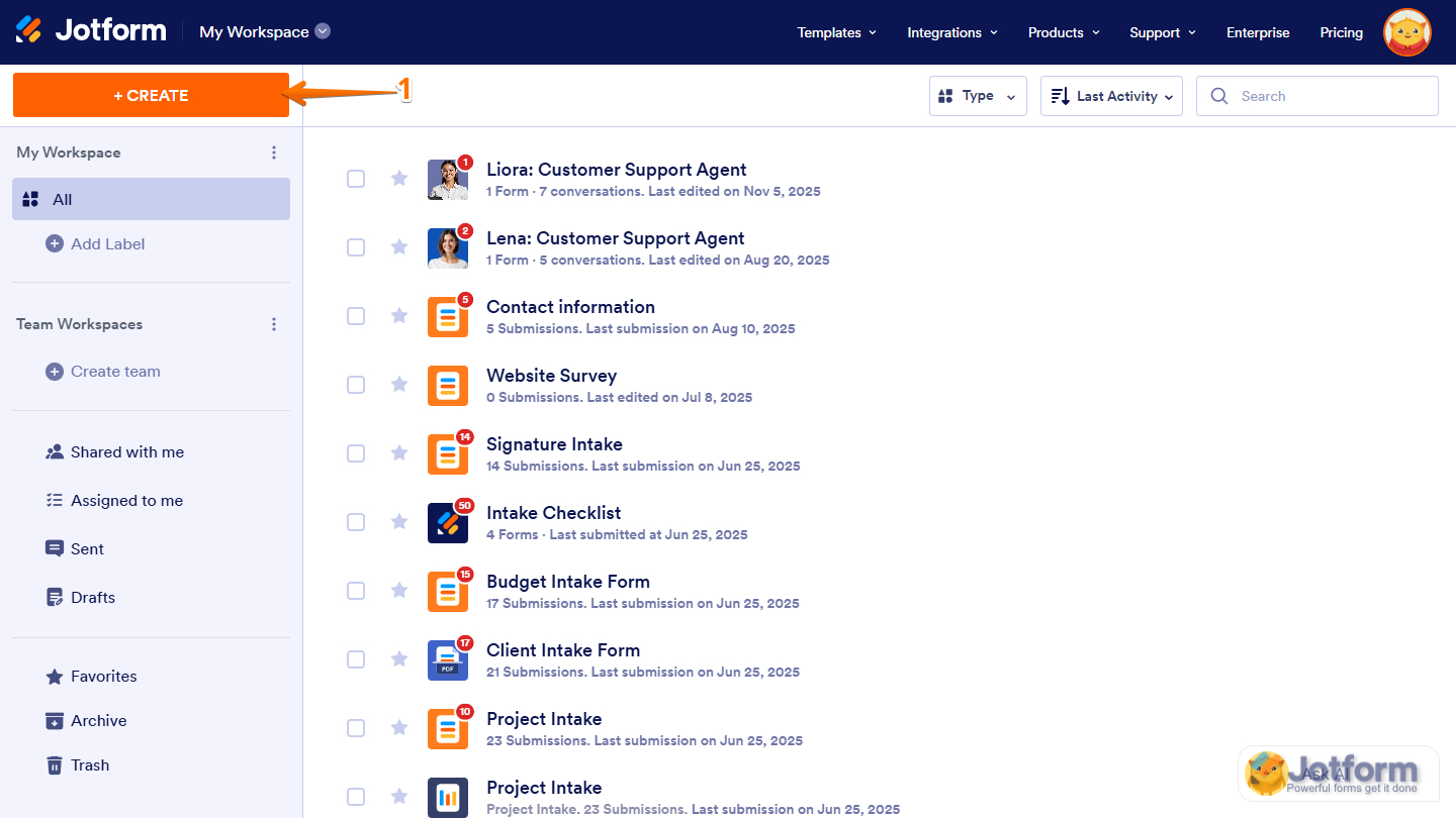 Create button in Jotform My Workspace page