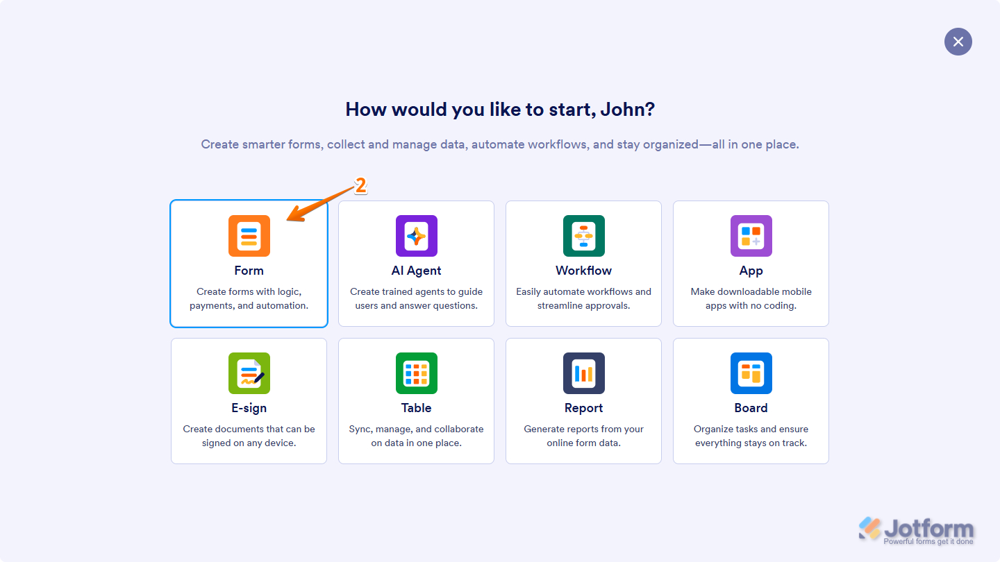 Form option when creating a new asset in Jotform