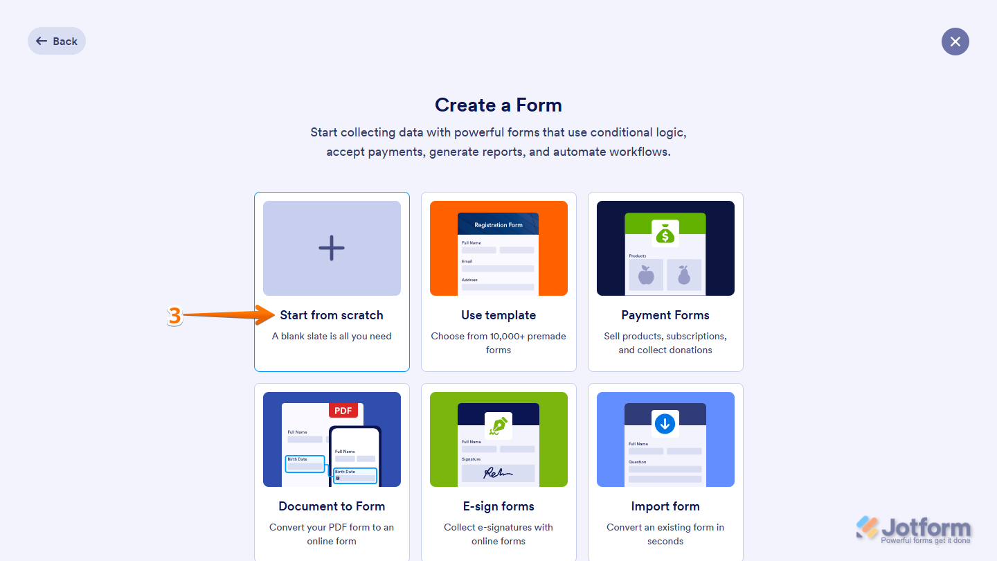 Start from Scratch option when Creating a new form in Jotform