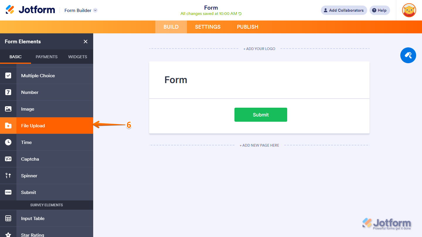 File Upload element in the Basic tab of the Jotform Form Builder