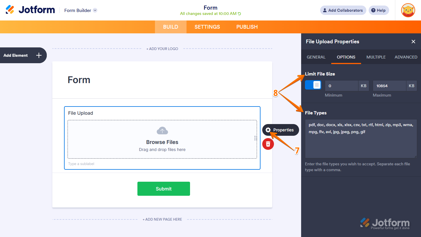 File Upload properties menu