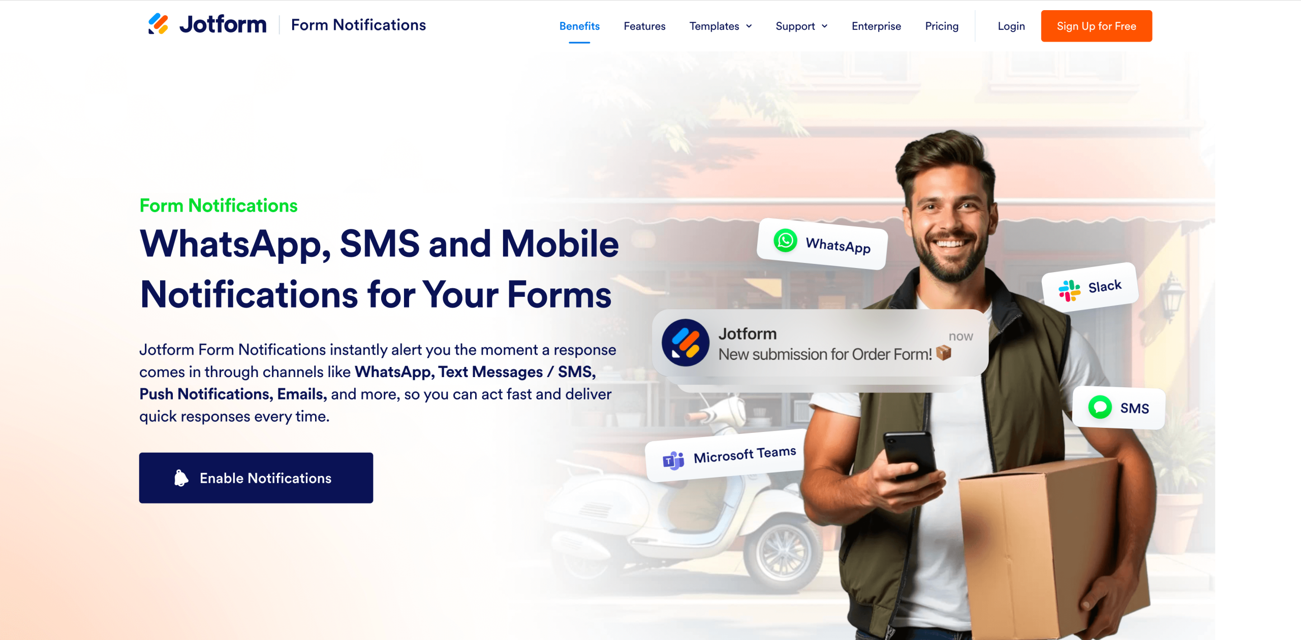 Screenshot of Jotform Form Notifications landing page, showing a headline "WhatsApp, SMS and Mobile Notifications for Your Forms"