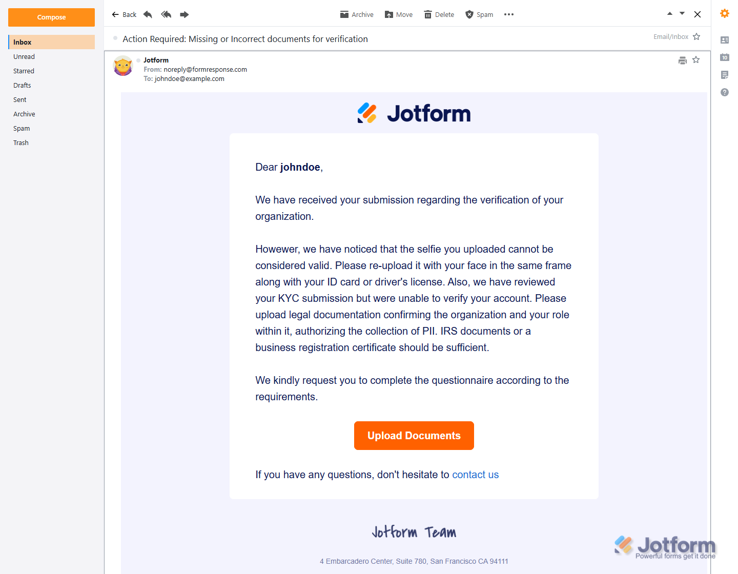 Jotform KYC Process additional details required email notification