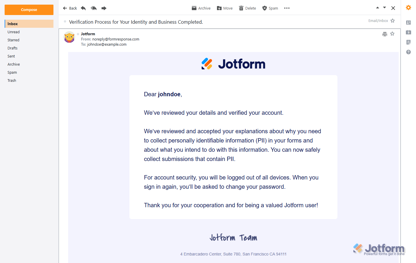 Jotform KYC Process Verification complete email notification