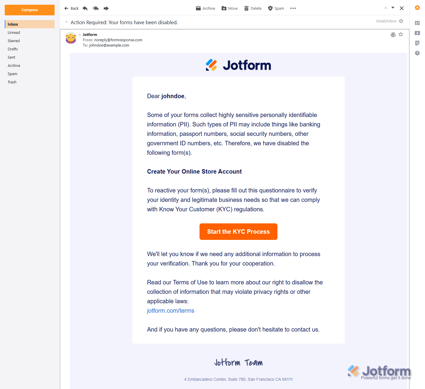 Jotform KYC Process disabled forms email notification