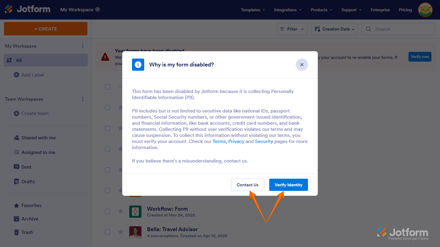 Contact Us and Verify Identity buttons in Jotform Workspace modal