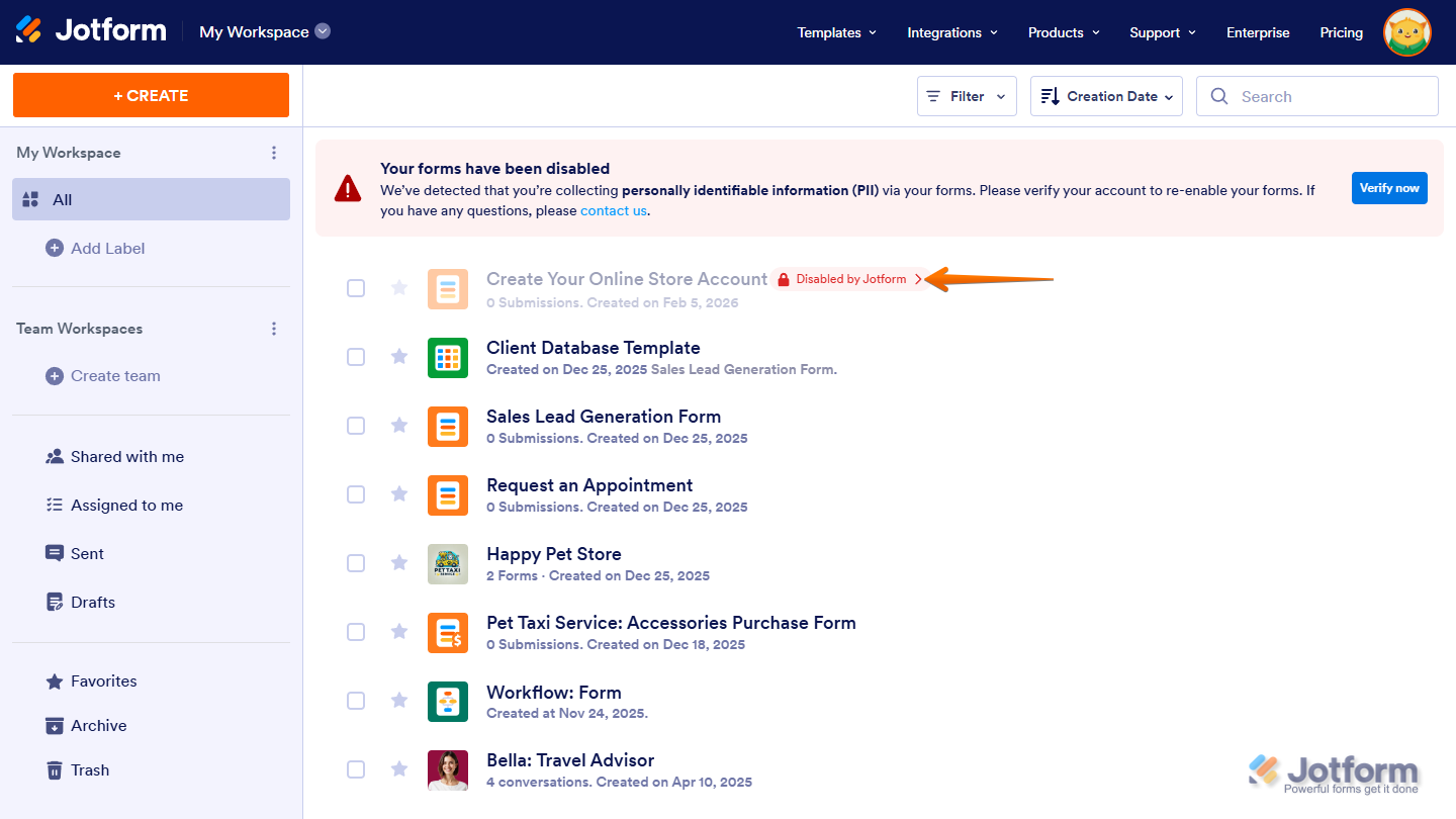 Disabled by Jotform tag on Workspace page