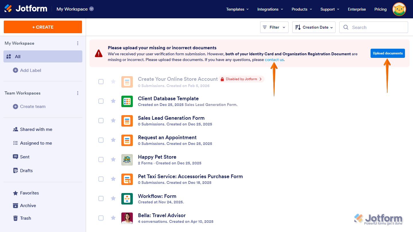 Upload missing or incorrect documets warning message on Jotform Workspace page
