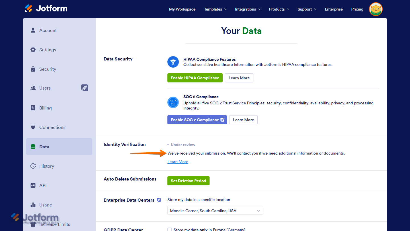 Indentity verification response received and under review message on the Jotform Data page