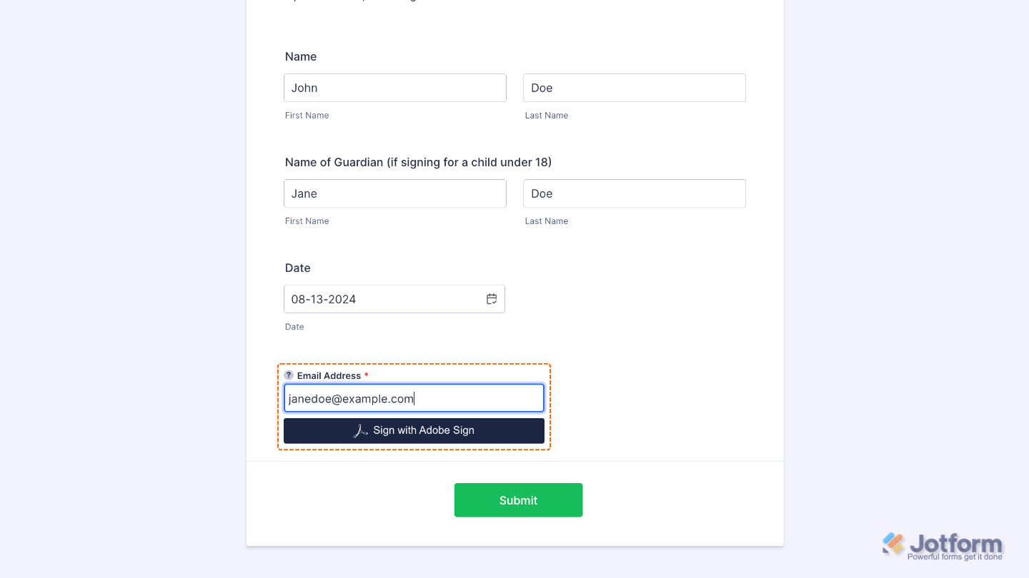 Adobe Sign widget preview displaying electronic signature workflow integrated into an online form