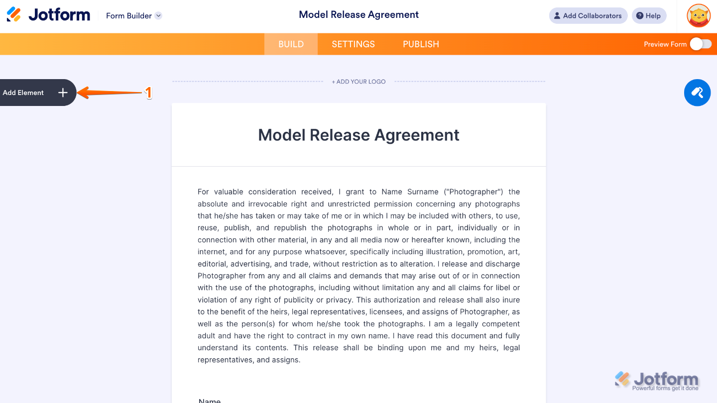 Form Builder interface showing the Add Element button on the left sidebar