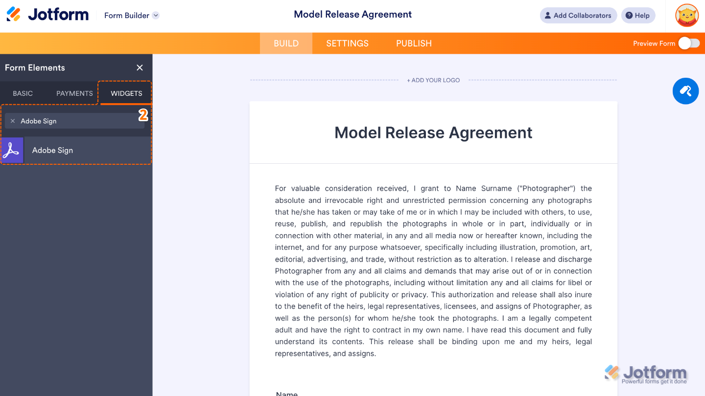 Form Elements menu under the Widgets tab showing the Adobe Sign widget being searched and selected