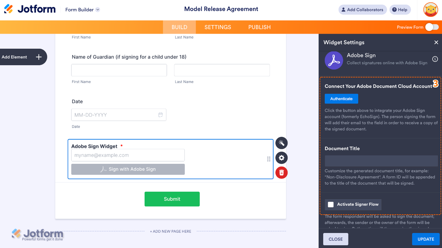 Adobe Sign widget settings showing Authenticate button, Document Title field, and Activate Signer Flow option