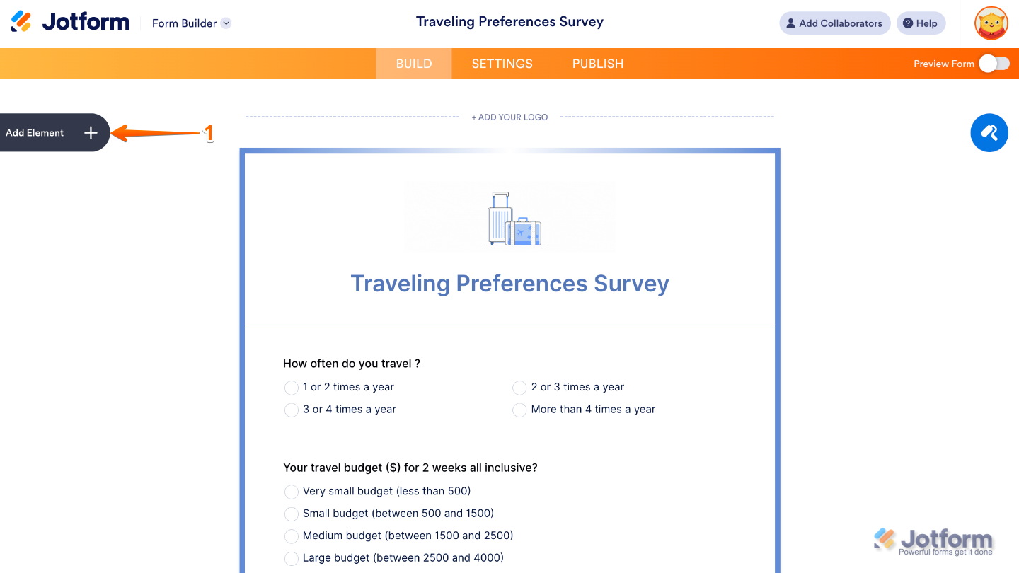 Form Builder interface showing the Add Element button on the left sidebar