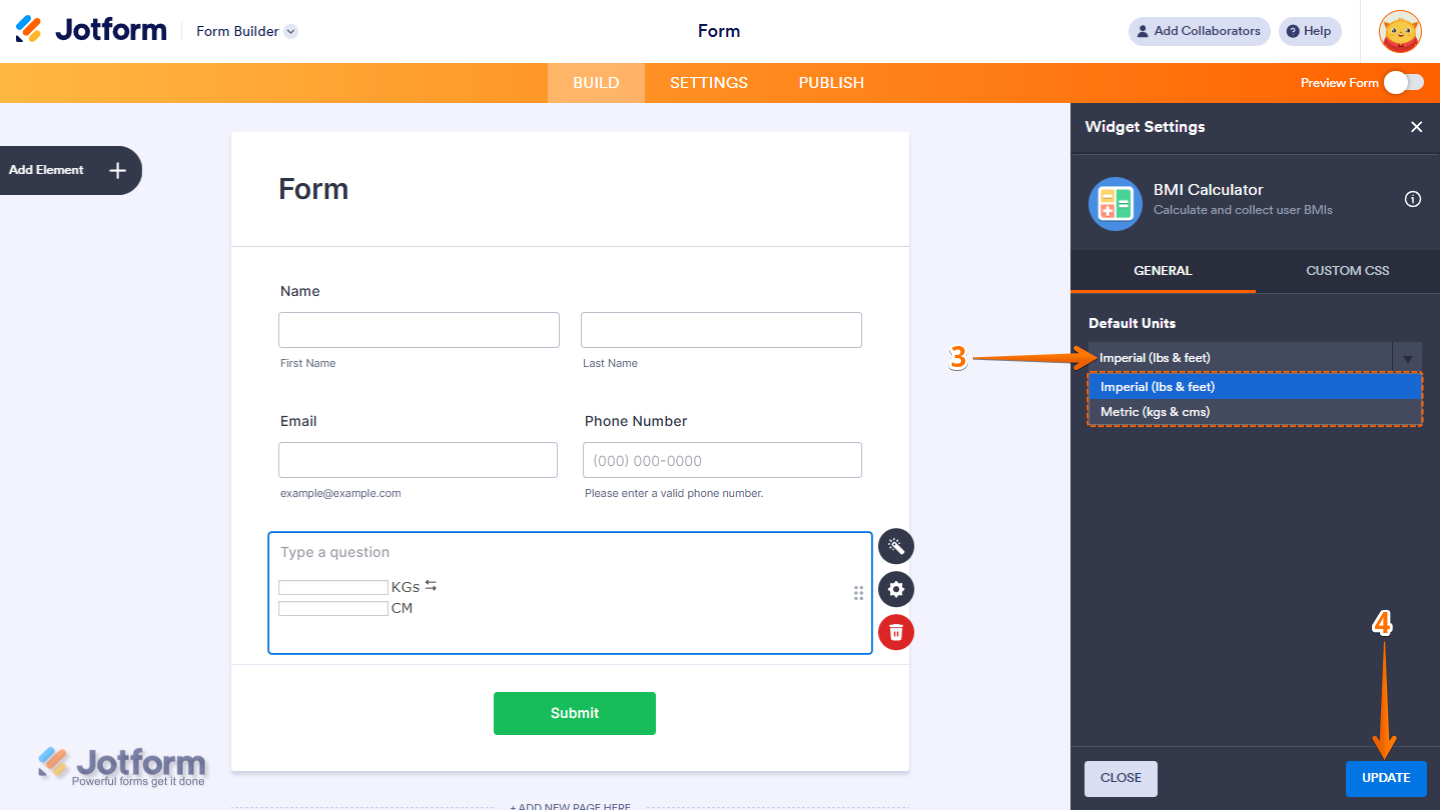 BMI Calculator widget General settings showing Default Units dropdown with Metric and Imperial options and Update button in Jotform