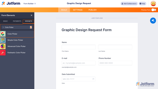 How to Add and Set Up the Color Picker Widget on Your Form