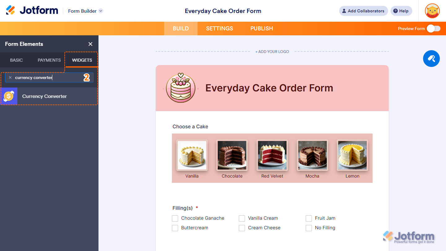 Currency Converter element under the Widgets tab of the Form Elements menu in Jotform Form Builder