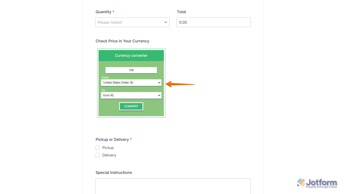 Currency Converter widget on a Jotform form