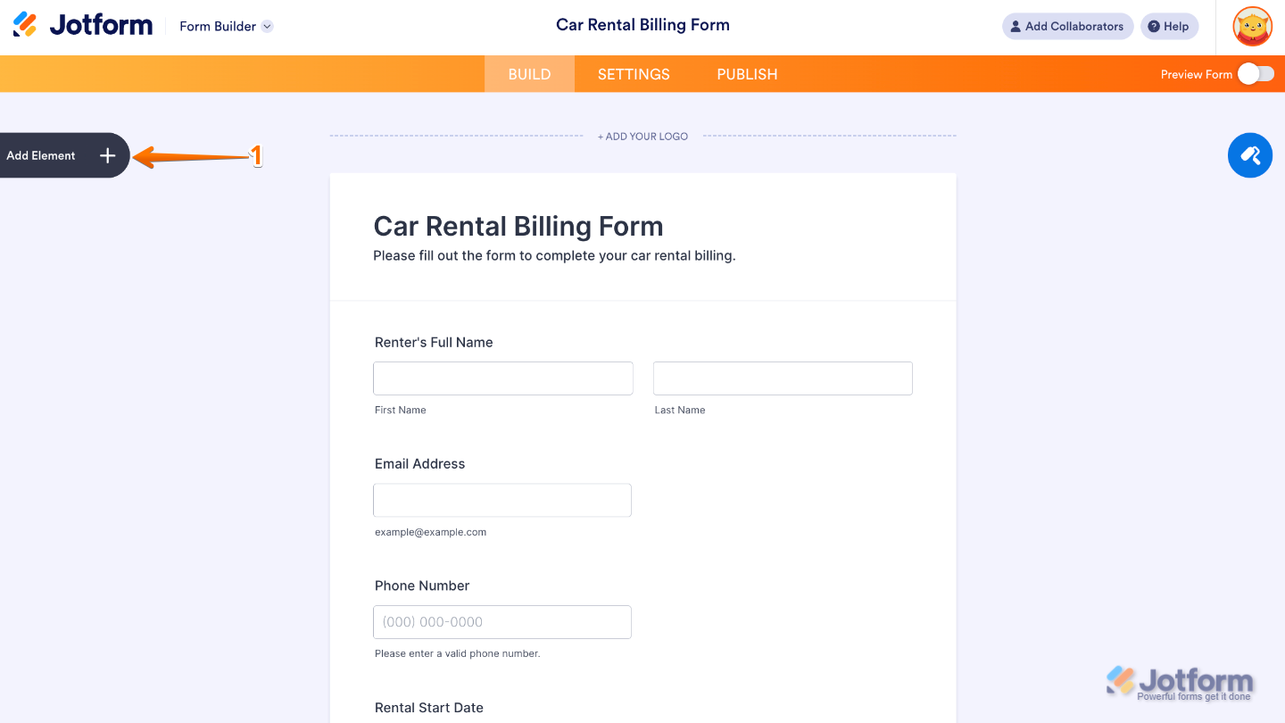 Form Builder interface showing the Add Element button on the left panel
