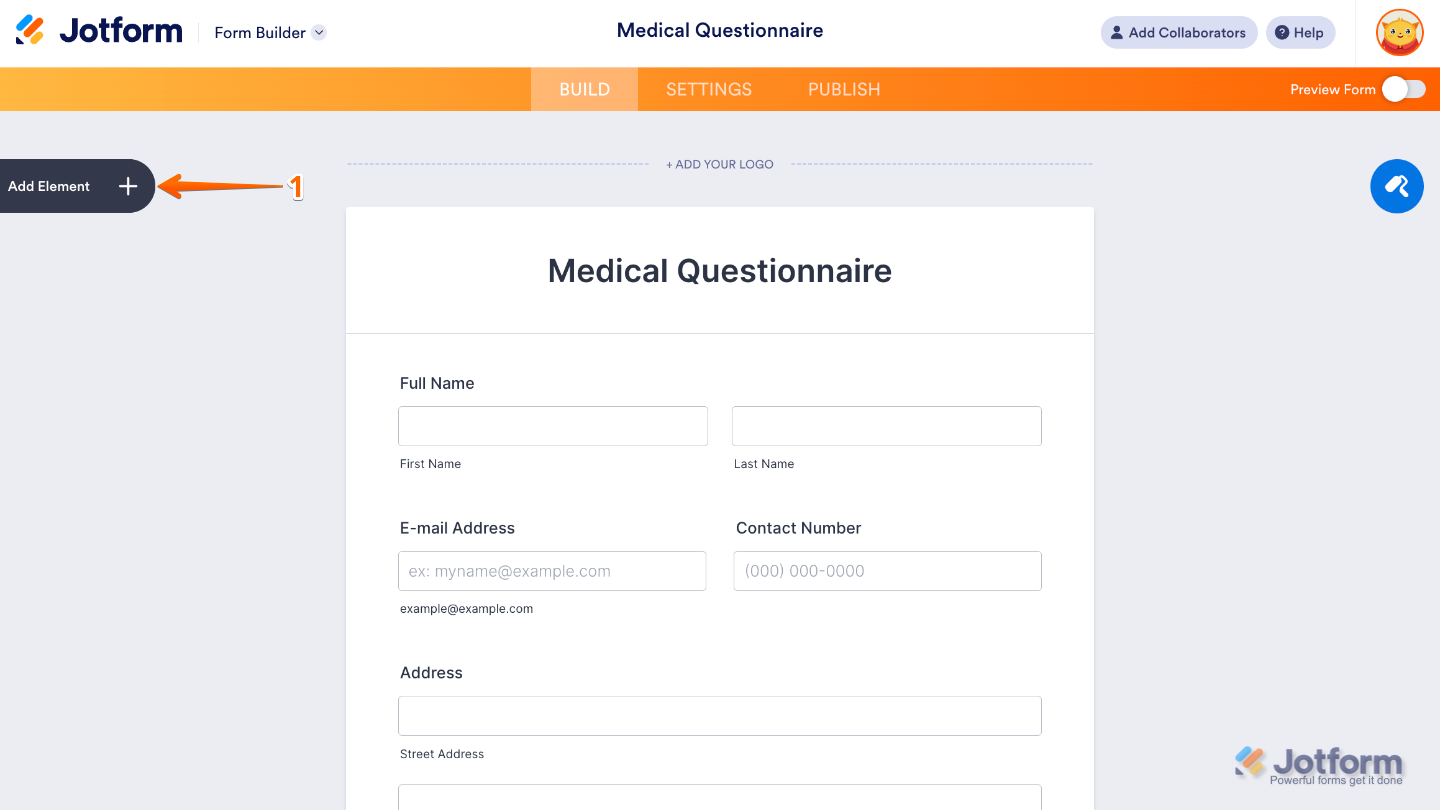 Form Builder interface showing the Add Element button on the left panel