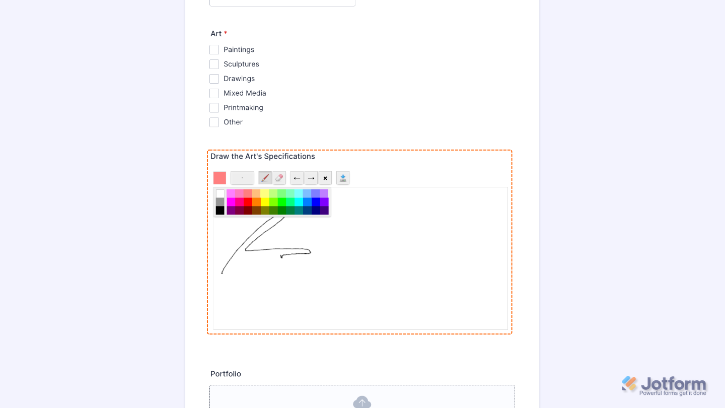 Drawing Board widget added to a Jotform form, allowing users to draw freehand with colors and shapes