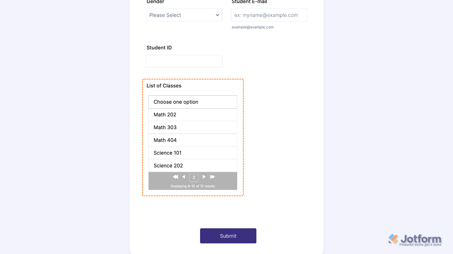 Dropdown with Paging widget preview displaying a long list of options split into pages for easy selection