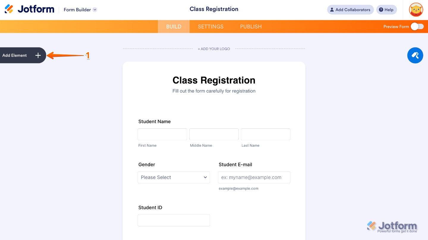 Form Builder interface showing the Add Element button on the left sidebar for adding new form fields