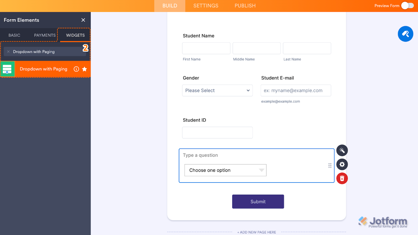 Form Builder Widgets tab with Dropdown with Paging widget searched and selected