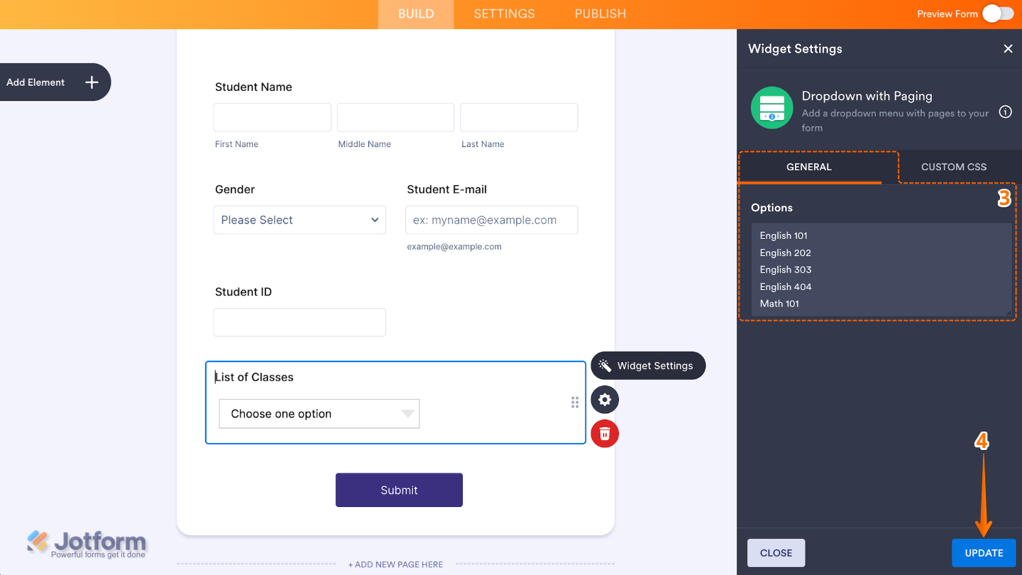 Dropdown with Paging widget settings panel showing options list being configured