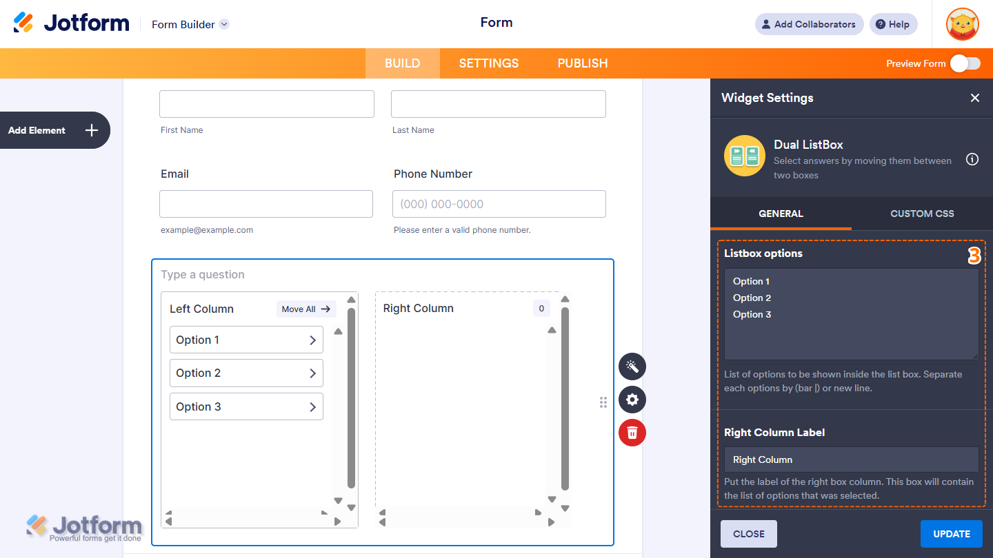 Dual ListBox widget General settings showing Listbox Options and Right Column Label fields in Jotform