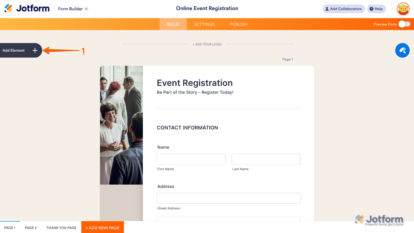 Form Builder interface showing the Add Element button on the left panel
