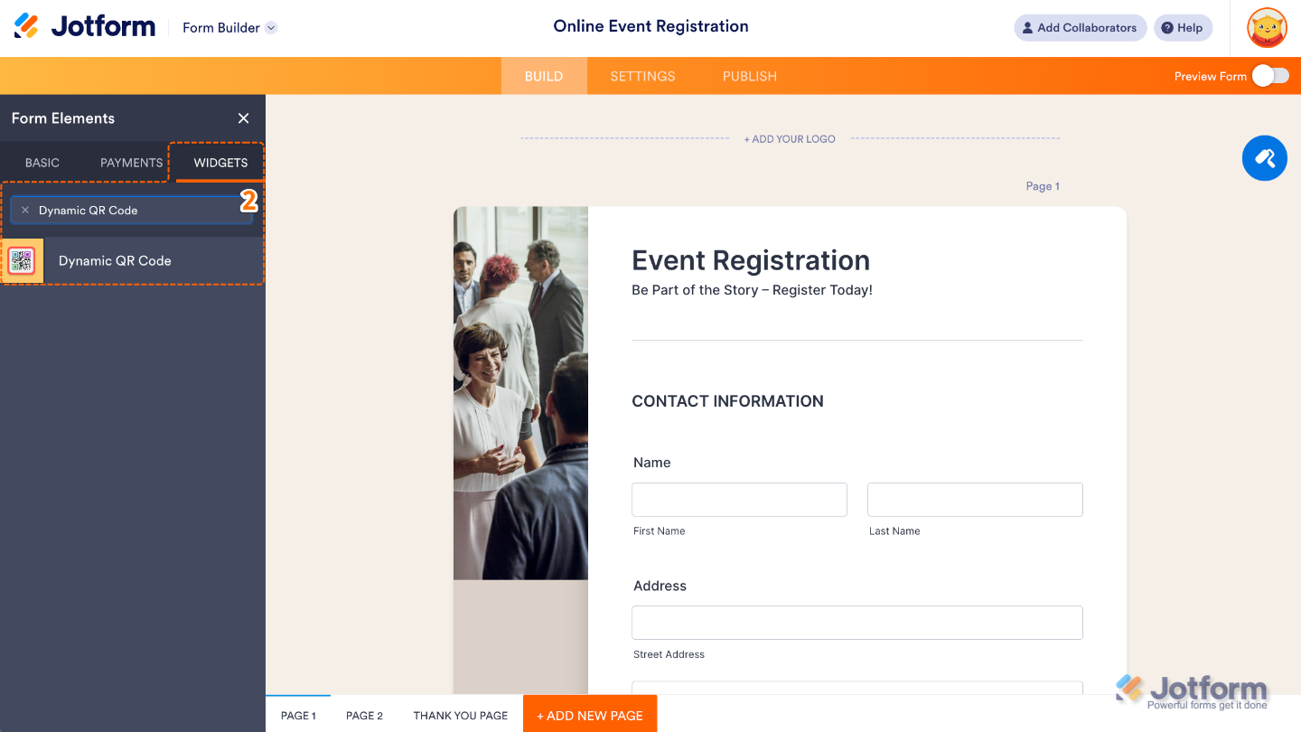 Form Elements menu under the Widgets tab showing the Dynamic QR Code widget being searched and selected