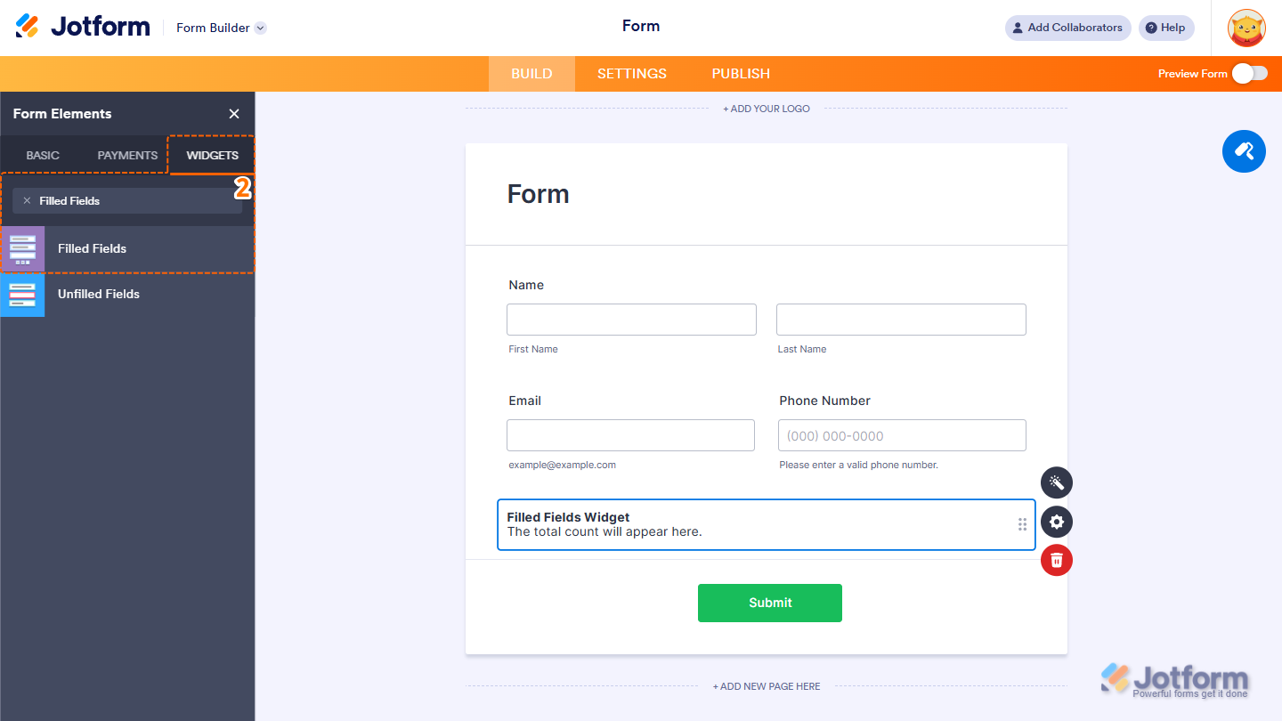 Form Elements Widgets tab showing Filled Fields widget selection in Jotform