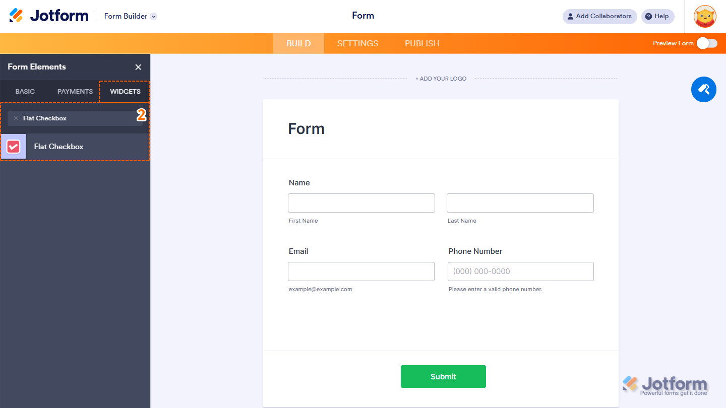 Form Elements Widgets tab showing Flat Checkbox widget selection in Jotform