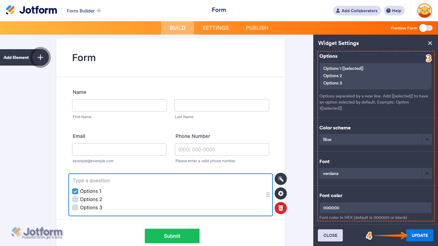Flat Checkbox widget General settings showing Options Color Scheme Font Font Color and Update button in Jotform