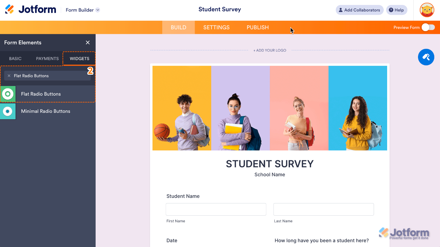 Form Elements menu under Widgets tab showing Flat Radio Buttons widget being searched and selected