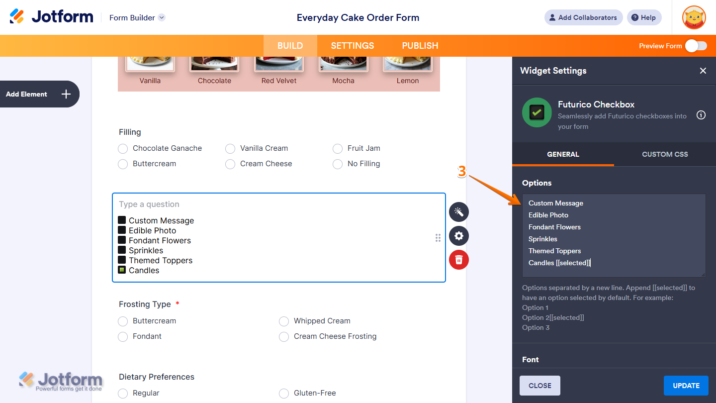 Other Settings and Update button in the Futurico Checkbox Widget Settings in Jotform Form Builder