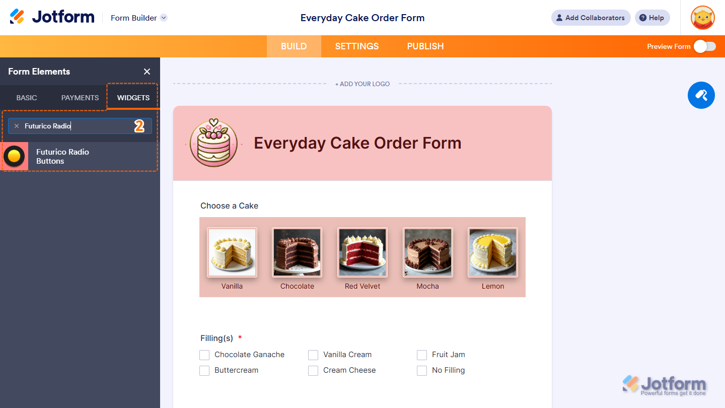 Futurico Radio Buttons element under the Widgets tab of the Form Elements menu in Jotform Form Builder