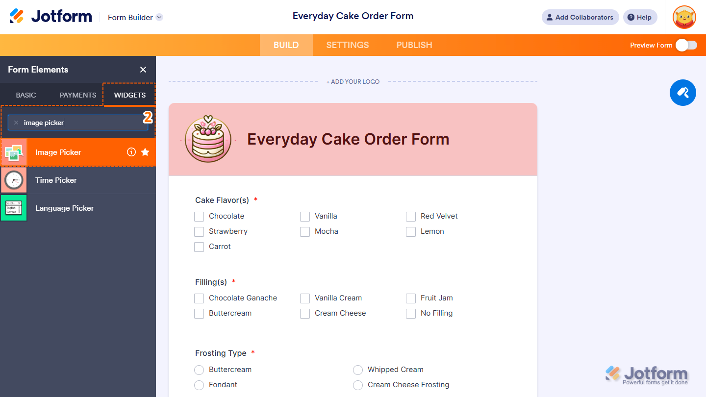 Image Picker element under the Widgets tab of the Form Elements menu in Jotform Form Builder