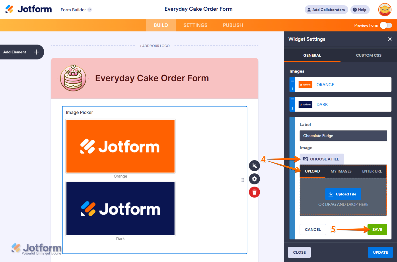 Image Option menu in the Image Picker Widget Settings menu in Jotform Form Builder