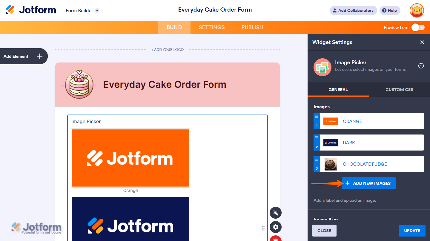 Add New Images button in the Image Picker Widget Settings menu in Jotform Form Builder