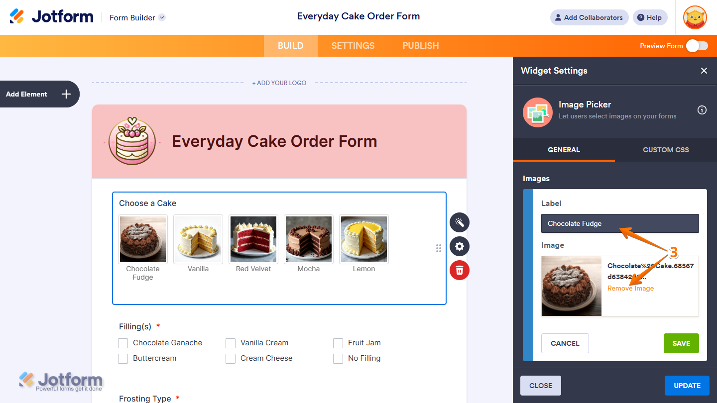 Remove Image option of the Image Option menu in the Image Picker Widget Settings menu in Jotform Form Builder